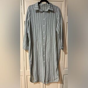 Women’s Green and White Long Linen Striped Shirt